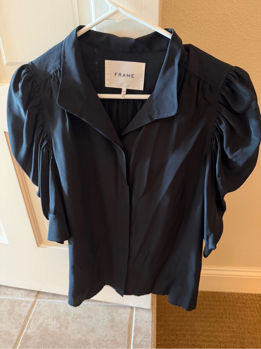 Frame Denim Black Puff-Sleeve Silk Blouse